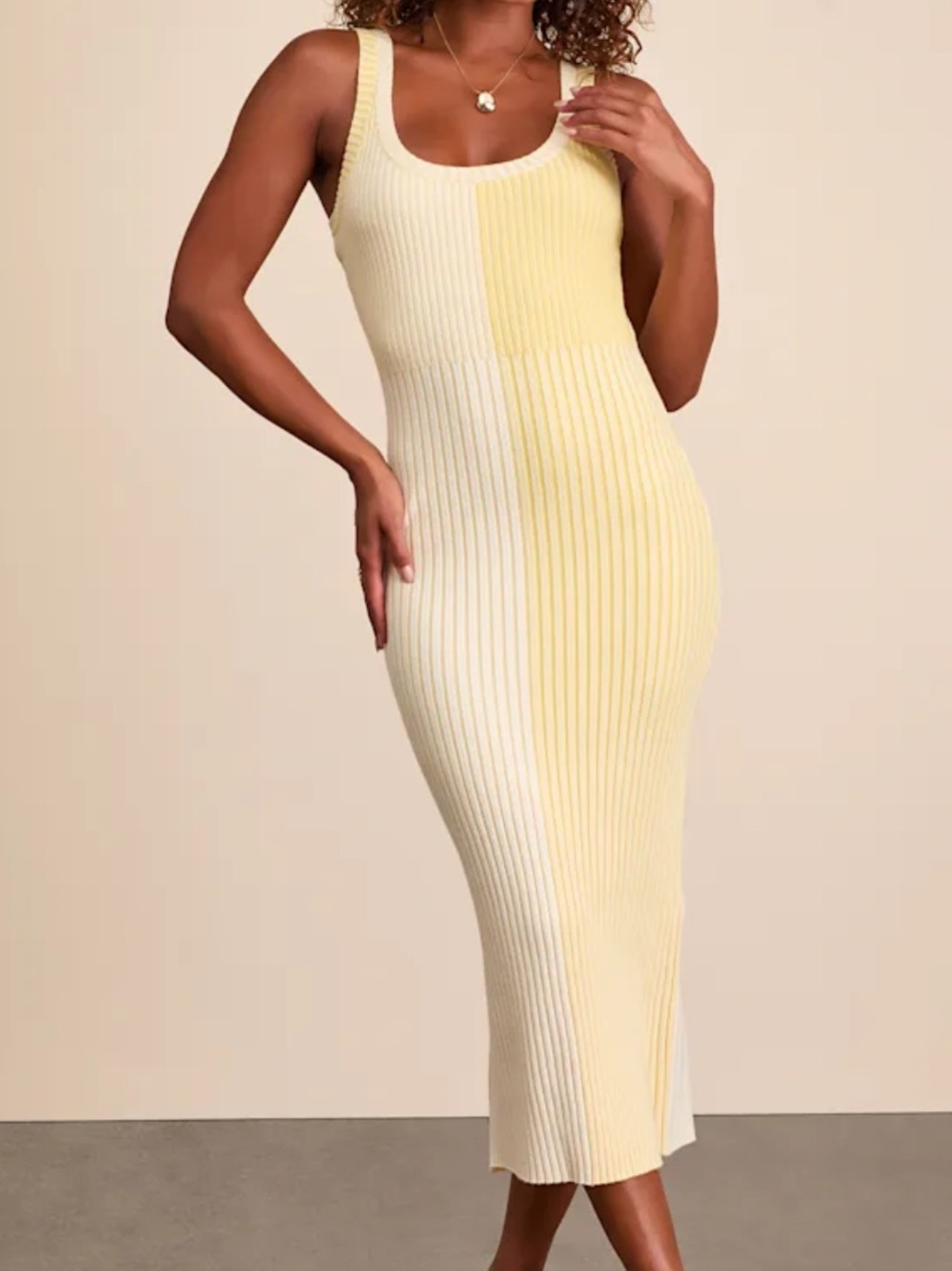 Lulu's Cream and Pale Yellow Ribbed Two-Tone Midi Dress